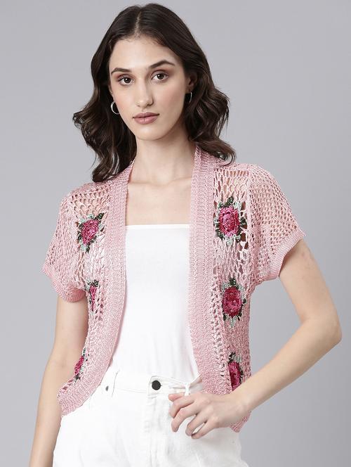 peach acrylic regular shrug with embroidery - 20381761 - Very Small Image - 1