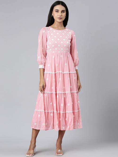 pink embroidered tiered ethnic dress - 20383298 - Very Small Image - 1