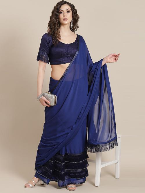 women's self design navy blue colored saree with blouse - 20384340 - Very Small Image - 1
