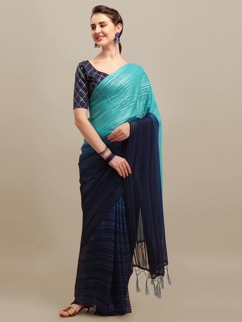 women's stripes turquoise colored saree with blouse - 20384359 - Very Small Image - 1