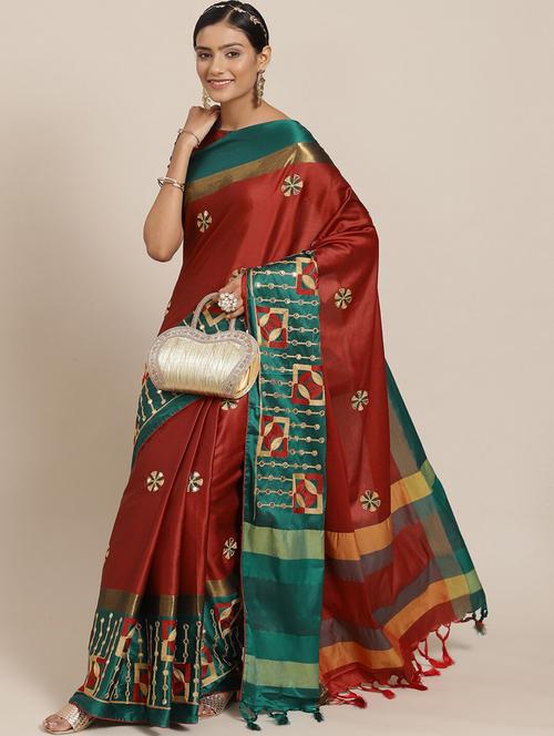 women's solid with work maroon colored saree with blouse - 20384437 - Very Small Image - 1