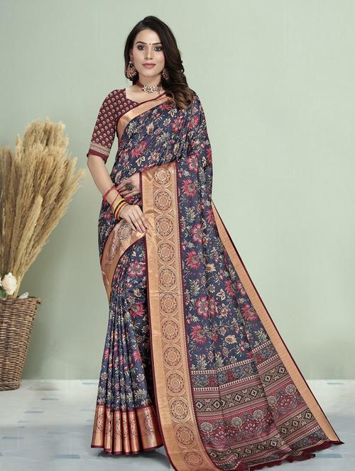 women's floral navy blue colored saree - 20385161 - Very Small Image - 1