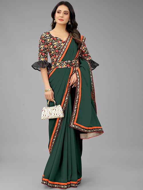 women green solid lace work saree with blouse - 20385302 - Very Small Image - 1
