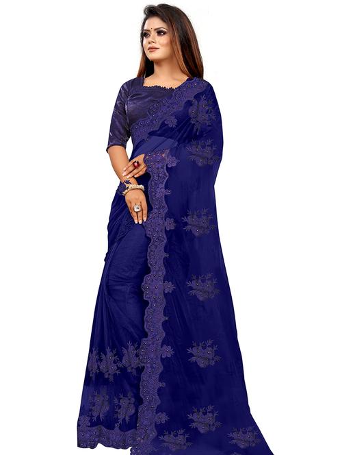 women blue embroidered net saree with blouse - 20385386 - Very Small Image - 1