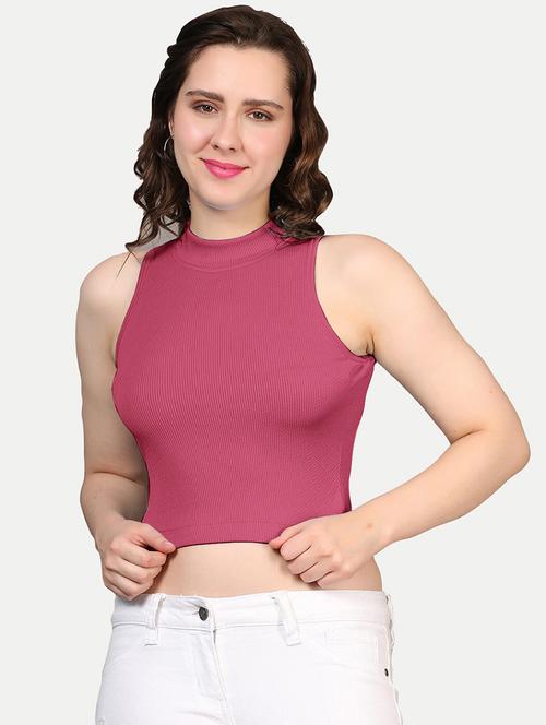 pink solid sleeveless mock neck crop top - 20385527 - Very Small Image - 1