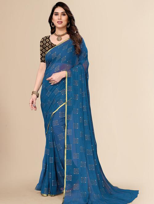 women blue foil print saree with blouse - 20386345 - Very Small Image - 1