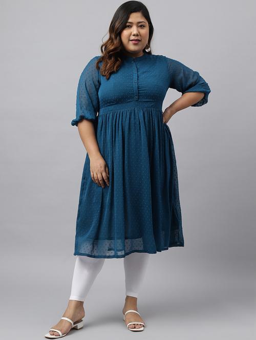 women blue mandarin neck flared kurta - 20387296 - Very Small Image - 1