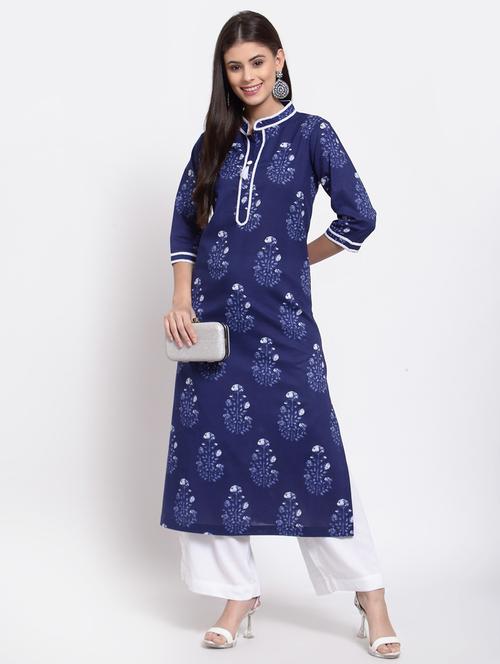 women blue floral print mandarin neck straight kurta - 20389201 - Very Small Image - 1