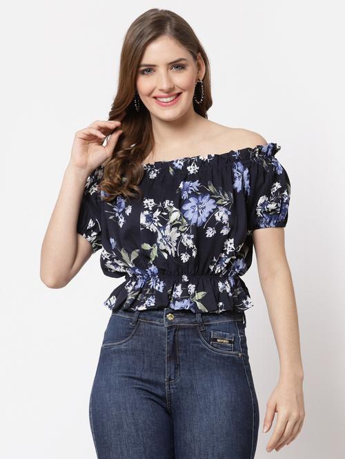 black floral print off shoulder regular top - 20389235 - Very Small Image - 1
