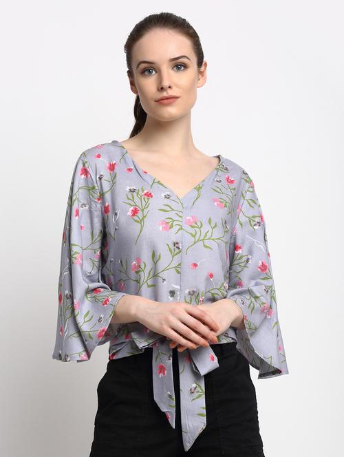 women v-neck floral printed blouson top - 20389253 - Very Small Image - 1