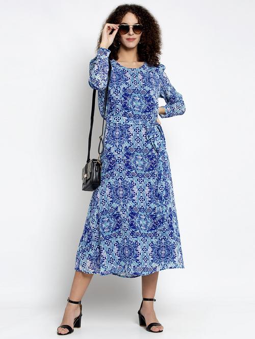 blue printed a-line dress - 20389490 - Very Small Image - 1