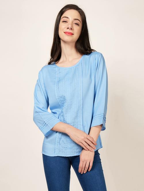 women light blue cotton blend regular top - 20389643 - Very Small Image - 1