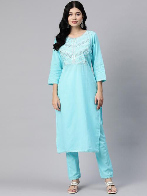 women light blue round neck kurta pant set - 20389805 - Very Small Image - 1