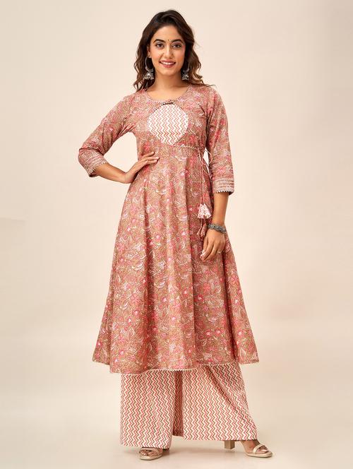 women peach round neck angrakha kurta - 20390210 - Very Small Image - 1