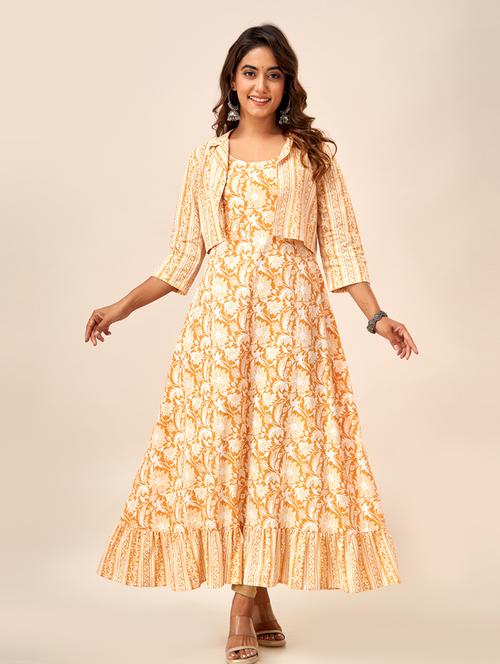 mustard floral kurta with jacket - 20393448 - Very Small Image - 1