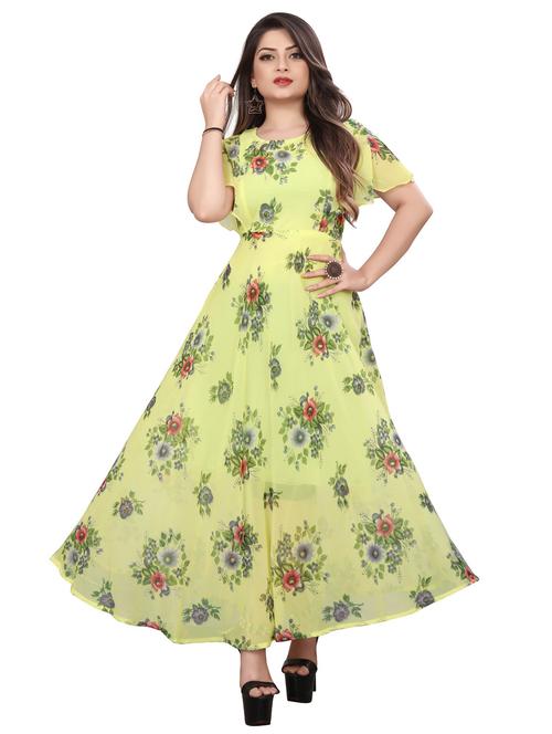 women yellow florals printed flared dress - 20393497 - Very Small Image - 1