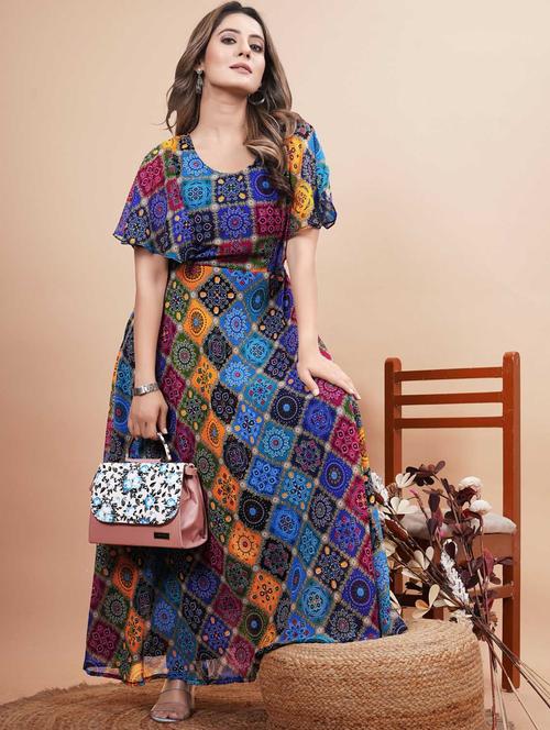 women multi color round neck flared dress - 20393502 - Very Small Image - 1