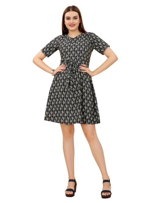 black printed a-line dress with waist tie - 20393618 - Very Small Image - 1