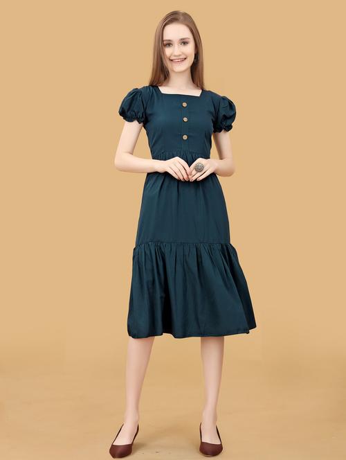 teal solid puff sleeves fit & flare dress - 20393651 - Very Small Image - 1