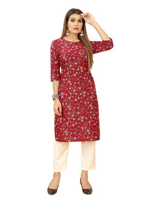maroon floral print round neck straight kurta - 20394790 - Very Small Image - 1