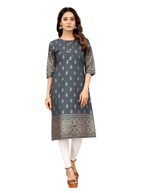 grey foil print round neck straight kurta - 20394812 - Very Small Image - 1