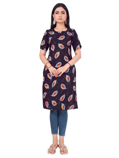 purple printed notch neck straight kurta - 20394824 - Very Small Image - 1