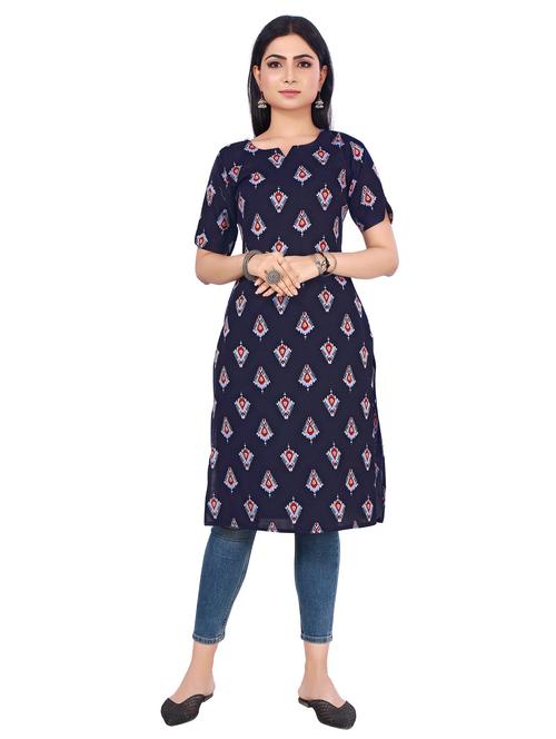 navy blue printed notch neck straight kurta - 20394826 - Very Small Image - 1
