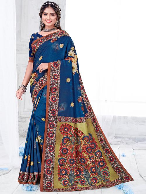 women's floral blue colored saree with blouse - 20394901 - Very Small Image - 1