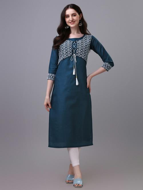 teal solid with work straight kurta - 20394914 - Very Small Image - 1
