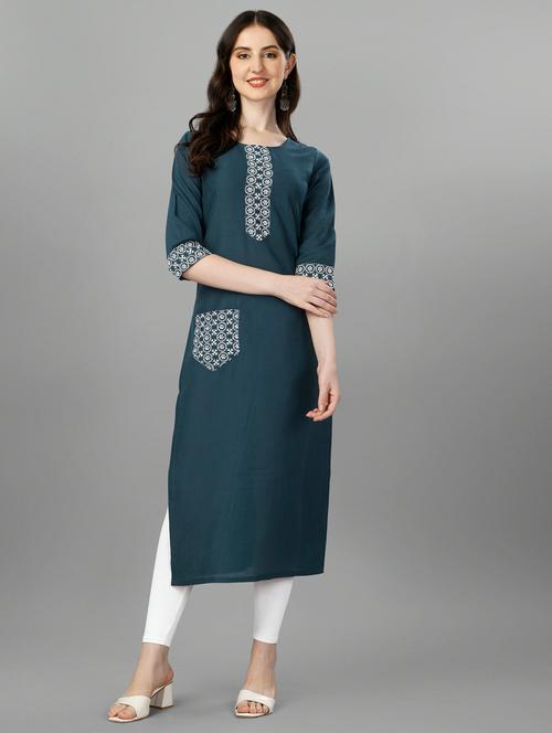 teal solid with work straight kurta - 20394918 - Very Small Image - 1
