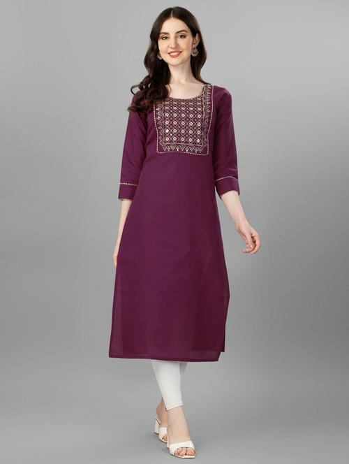 purple solid with work straight kurta - 20394923 - Very Small Image - 1