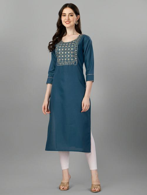 teal solid with work straight kurta - 20394924 - Very Small Image - 1