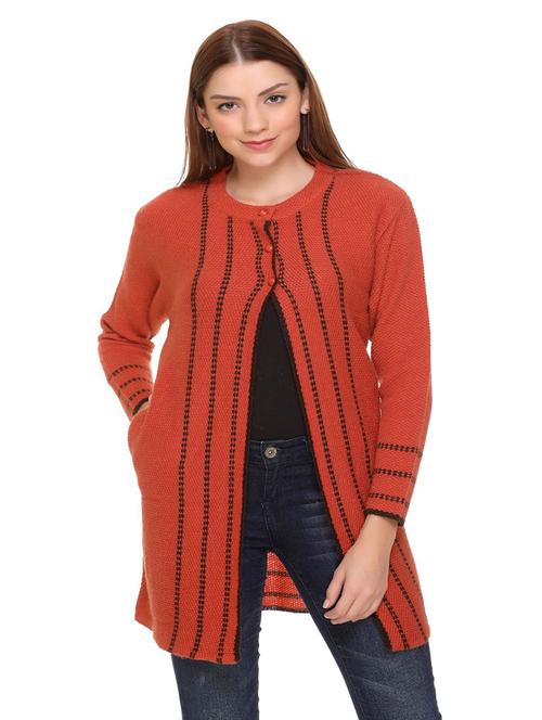 rust crew neck self design cardigan - 20396967 - Very Small Image - 1