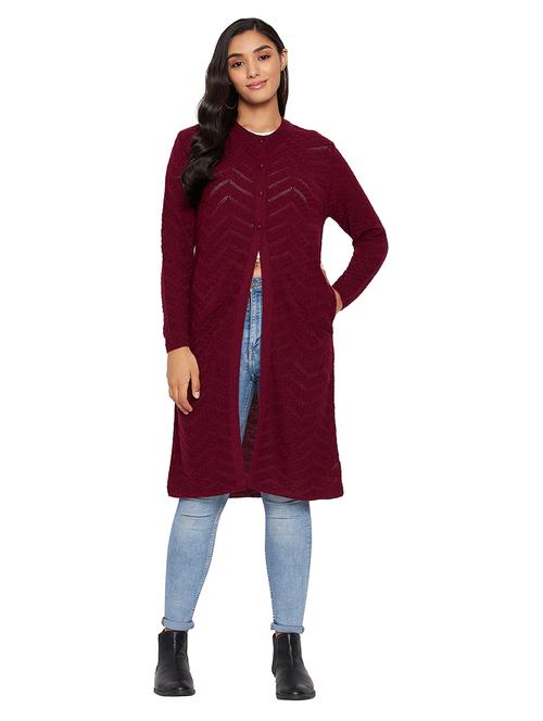maroon crew neck self design cardigan - 20397050 - Very Small Image - 1