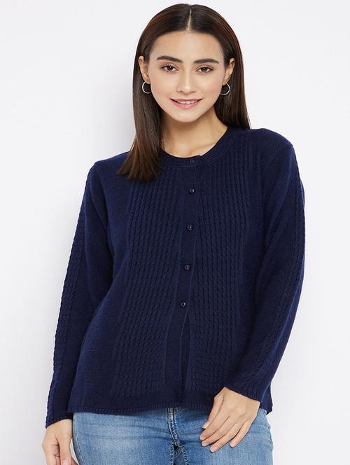 navy blue crew neck self design cardigan - 20397066 - Very Small Image - 1