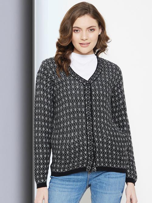 black v neck self design cardigan - 20397083 - Very Small Image - 1