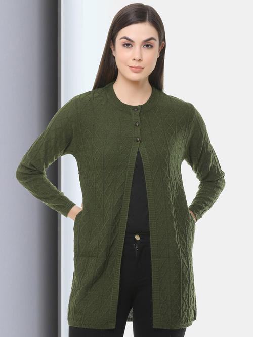 olive green self design cardigan - 20397099 - Very Small Image - 1