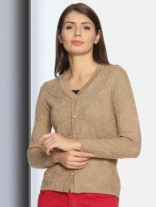 beige self design wool blend cardigan - 20397134 - Very Small Image - 1