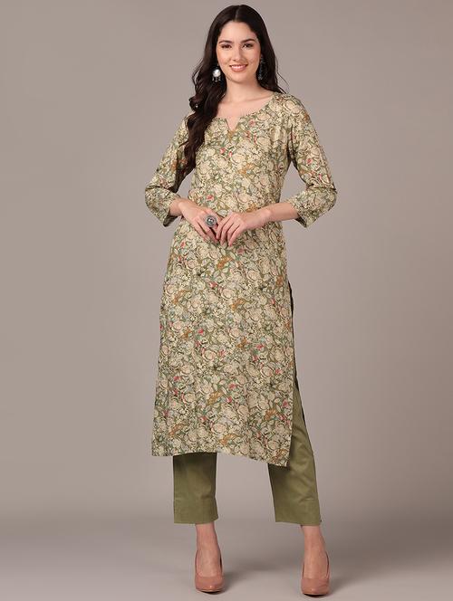 olive floral straight kurta - 20397234 - Very Small Image - 1