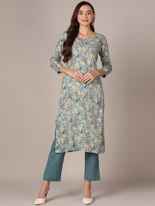 teal floral straight kurta - 20397245 - Very Small Image - 1
