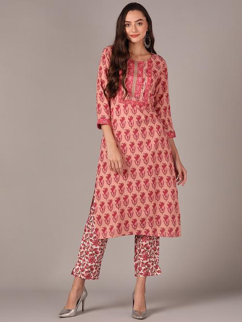 peach cotton blend kurta pant set - 20397256 - Very Small Image - 1