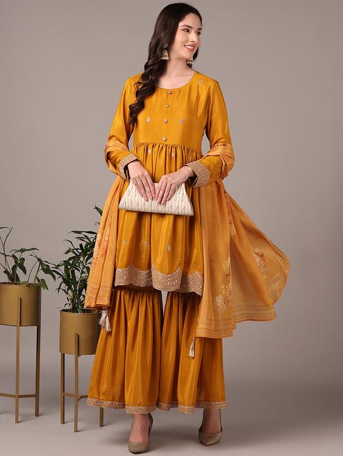 mustard suit set with zari embroidery - 20397267 - Very Small Image - 1