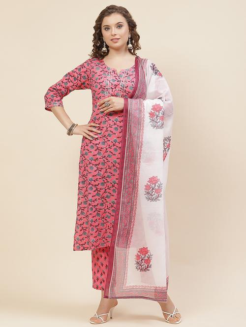 women pink floral kurta pant set with dupatta - 20405002 - Very Small Image - 1