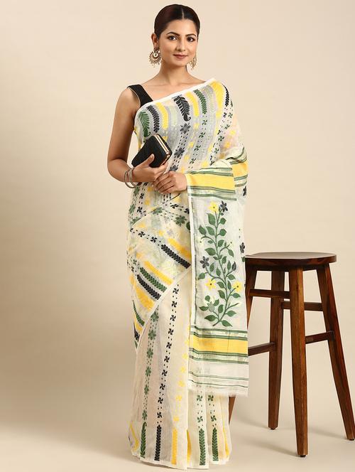 cream art silk jamdani saree with blouse - 20405938 - Very Small Image - 1