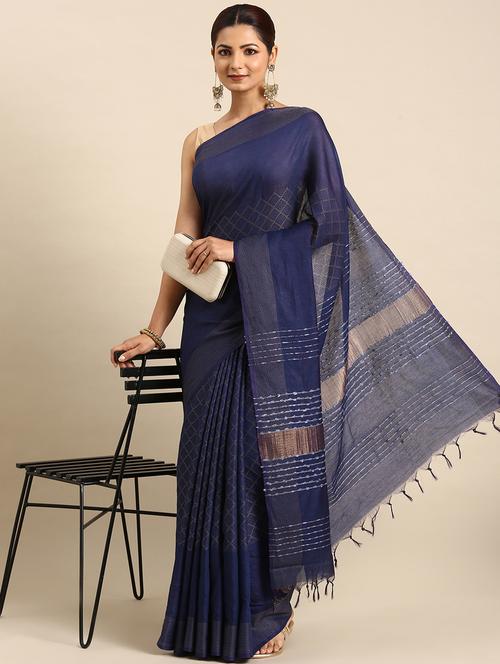 women's self design navy blue colored saree with blouse - 20406007 - Very Small Image - 1