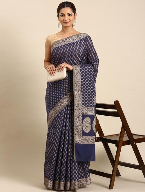 women's self design navy blue colored saree with blouse - 20406019 - Very Small Image - 1