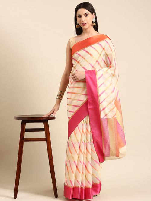 women's stripes cream colored saree with blouse - 20406028 - Very Small Image - 1