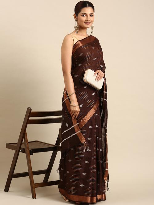 women's ikat coffee brown colored saree with blouse - 20406038 - Very Small Image - 1