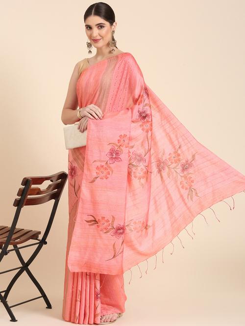 women's floral peach colored saree with blouse - 20406073 - Very Small Image - 1