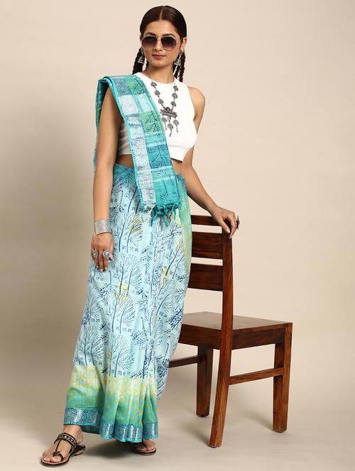 women's printed light blue colored saree with blouse - 20406096 - Very Small Image - 1